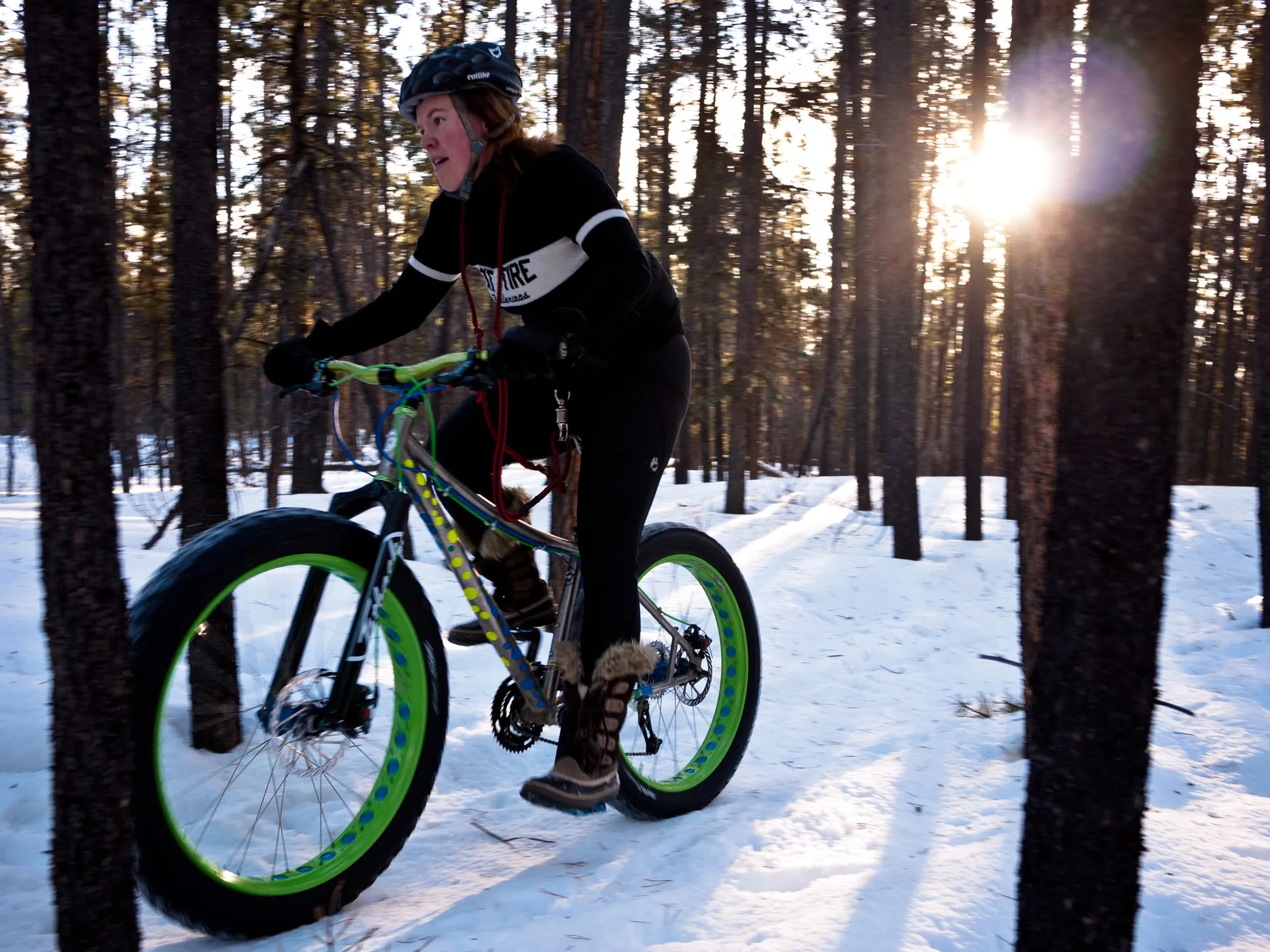 Trailside Retreat, Fat-tire cyclist on a snowy mountain trail near the retreat, luxury vacation rental in Silverthorne, Colorado